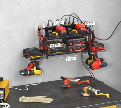 CCCEI Garage Tools Storage with Charging Station. Power Tool Battery Organizer Utility Shelf with Power Strip. 4 Drills Holder Wall Mount Rack, Black. - size: Small, style: 2 Layer
