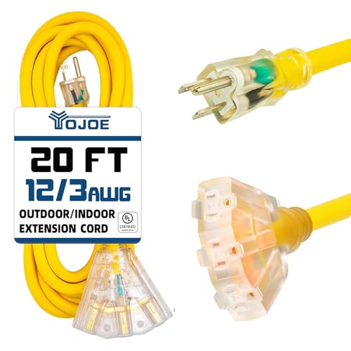 YOJOE 3-Outlets Indoor Outdoor Extension Cord with Lighted End, 3 Prong 15A Weatherproof Power Cord, 12 Gauge Heavy Duty 20 ft Yellow Extension Cord Multiple Outlets, 12/3 SJTW UL Listed - color: Yellow, size: 20 Foot
