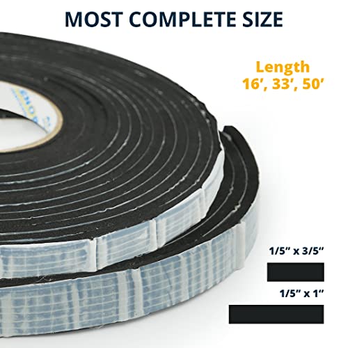 Alenor EPDM Black Foam Insulation Tape Self Adhesive 1/5"x1" x 33' Ft –Pack of 1- Weather Stripping for Doors & Windows,Soundproofing,Door Seal,Weatherstrip,Pipe Cooling,Air Conditioning Seal Strip - size: 1/5"x 1" Inch x 33' Ft