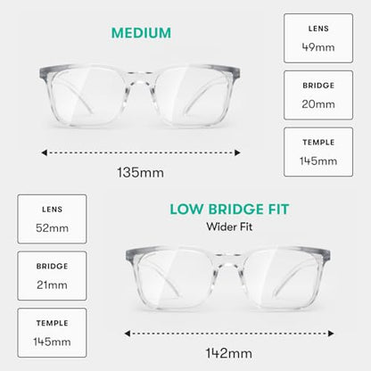 Stoggles Rectangle Z87.1 Certified Safety Glasses, Blue-Light, UV Blocking Lens, Top & Side Shield, Anti-Fog, Stylish Eyewear - color: Clear, size: Medium Low Bridge Fit