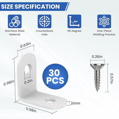 30Pcs 1" x 1" Stainless Steel Corner Brace, 90 Degree Small Right Angle L-Shape Joint Corner Brackets Fastener with Screws, Perfect for Furniture, Cabinets, Bookshelf, Chair, Drawer, Shelves