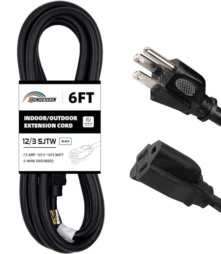 Indoor Outdoor Extension Cord Weatherproof, UL Certified, 12 Gauge 6FT Black 3 Prong Heavy Duty, 12/3 SJTW 15A Power Cord for Outdoor Lights, Appliances, Lawn - color: Black, size: 6FT, style: 12/3