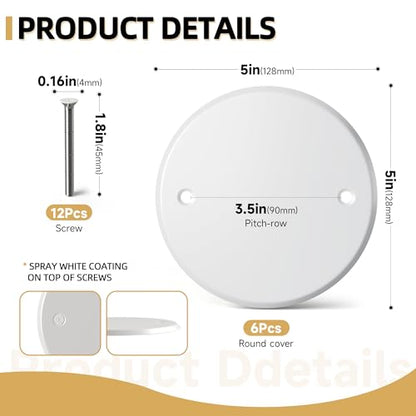 Ceiling Cover Plate,5 Inch Round Electrical Box Cover Plate for 4 Inch Electric Box,Metal Round Wall Plate for Smoke Detector,Hole Spacing 3.5 Inch - 6 Pcs(White) - color: White - 6 Pcs