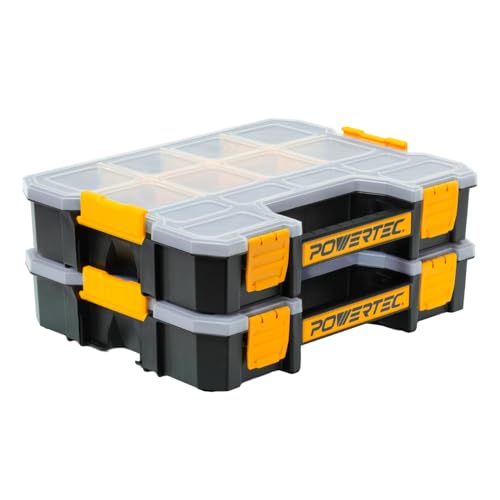 POWERTEC Small Parts Organizer & Tool Box – 14 Compartments, Stackable Storage with Interlocking Latch, Removable Dividers, Clear Lid, Portable Design, 2-Pack (72364-P2) - color: Stackable Tool Box Medium, size: 2 Packs - Medium 14 Compartments