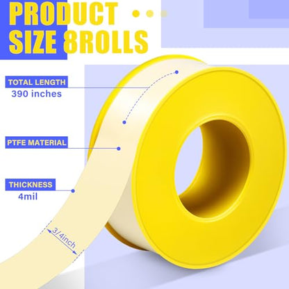Pangda 8 Rolls Extra-Wide 3/4 Inch 390 Inch x 4 Mil Gas Pipe Thread Sealant Tape Yellow Gas Line PTFE Tape Thread Seal Tape Plumbers Pipe High Resistance Gas Leak Prevention for Gas Fittings - size: 3/4 inch