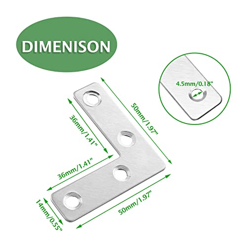 Uenhoy 20 Pcs L Shape Flat Mending Plates 50mm x 50mm (2" x 2") Flat Corner Braces, Right Angle Photo Frame Bracket, Silver - size: 50x50mm/2"x2", style: L Shape