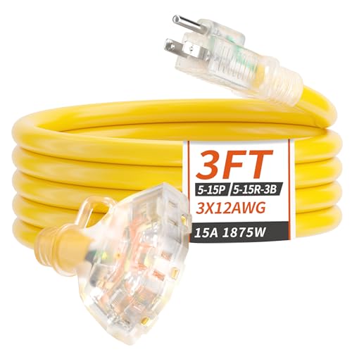 PlugSaf 3 FT 12/3 Gauge Outdoor Extension Cord with Multiple Outlets Light Indicator, Flexible 3 Outlet Weatherproof Heavy Duty Extension Cord Waterproof Yellow, 15A 1875W 12AWG SJTW, ETL Listed - size: 3ft