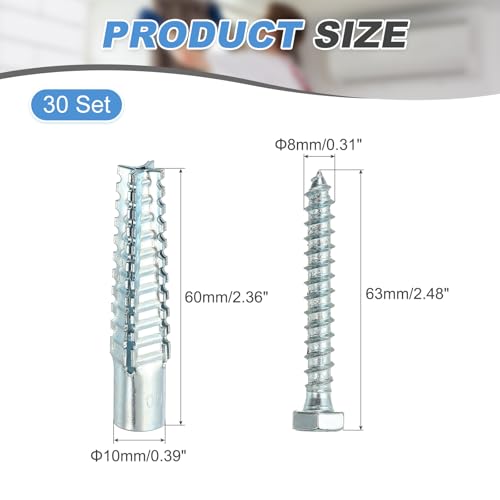 PATIKIL 30 Pcs Drywall Hollow Wall Anchors with Screws 0.31 x 2.56, Steel Dry Wall Anchors Kit for Wooden Concrete Plaster Hinge Hole Repair, Silver (10 x 60mm) - size: 10 x 60mm
