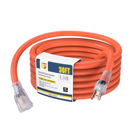 EP 30 Ft Lighted Outdoor Extension Cord - 10/3 SJTW Heavy Duty Orange Extension Cable with 3 Prong Grounded Plug for Safety, UL Listed - color: Orange, size: 30ft