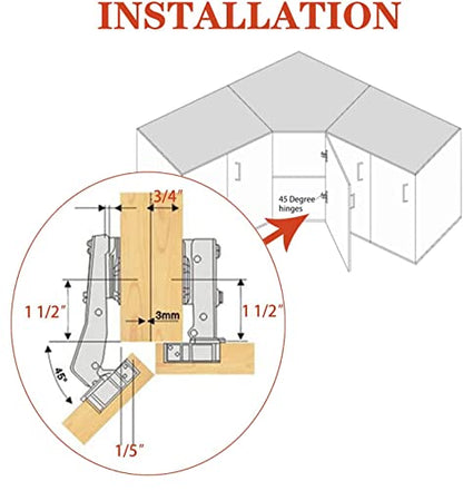 TamBee 45°Cabinet Hinges Soft Close Kitchen Door Cabinet Hinge - Concealed, Soft Close, 3D Adjust for 135 Degree Corner Cabinet, Cupboard Hinge Replacement with Mounting Screws, 2 Pack - style: 45°