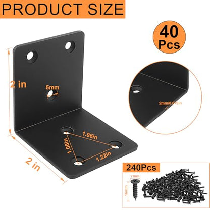 40PCS Black L Brackets Corner Bracket 2"x2"x2", Heavy Duty Corner Brace for Wood, Right Angle Brackets, 50MM 2Inch Wide 90 Degree Bracket for Wooden Frame Furniture Shelves Chairs - size: 2"x2"(Black)