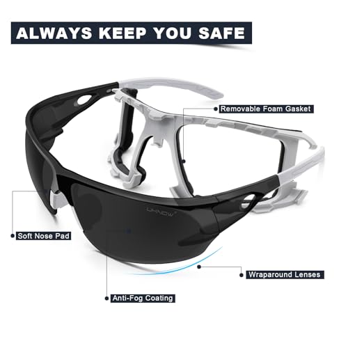 UKNOW Safety Glasses - Anti Fog Wraparound Lenses - Removable Foam Gasket - ANSI Z87.1 Protective Eyewear - Impact Resistant - color: Gray With Smoke Lens