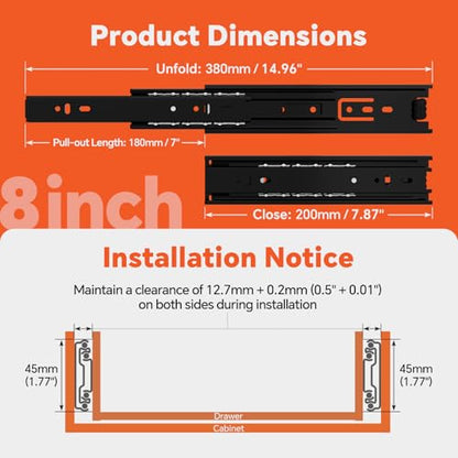 ToBeGreat 1 Pair Side Mount Drawer Slides Rails 8 Inch 100 LB Load Capacity,2/3 Full Extension Ball Bearing Metal Replacement Dresser Runners Cabinet Trash Can Slider Kitchen Glides (Black,204mm) - color: Black-1 pair, size: 8 Inch