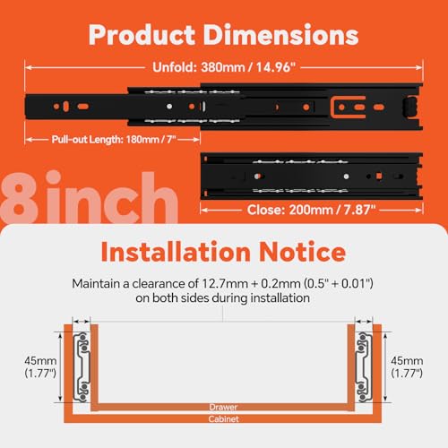 ToBeGreat 10 Pair Side Mount Drawer Slides 8 Inch 100 LB Load Capacity, Full Extension Ball Bearing Metal Replacement Rails Dresser Runners Cabinet Trash Can Slider Kitchen Glides (Black,204mm) - color: Black-10 pair, size: 8 Inch