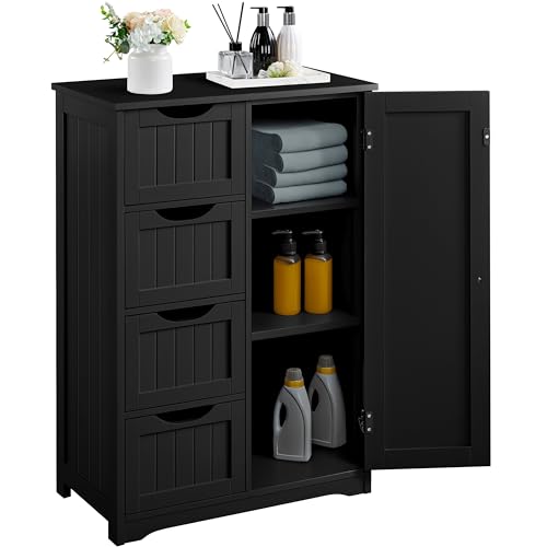 Yaheetech Wooden Bathroom Floor/Side Storage Organizer Cabinet with 4 Drawers and 1 Cupboard, Freestanding Entryway Storage Unit Console Table for Home Decor - color: Black, size: 22 x 12 x 32.5 In (LxWxH)