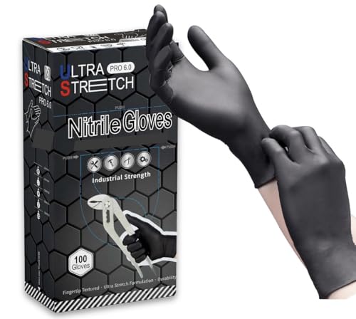 Ultra Stretch Pro 6 Mil Heavy Duty Black Disposable Nitrile Gloves, Chemical Resistant, Powder& Latex-Free, Finger Textured - size: Medium (Pack of 100)