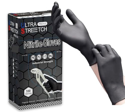 Ultra Stretch Pro 6 Mil Heavy Duty Black Disposable Nitrile Gloves, Chemical Resistant, Powder& Latex-Free, Finger Textured - size: Large (Pack of 100)