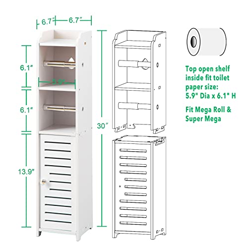 TUOXINEM Small Bathroom Storage with Dual Rods, Over The Toilet, Slim Toilet Paper Storage with 4 Tier Design, Fit Mega Roll (White) - size: 30 inches H (with 2 Rollers)