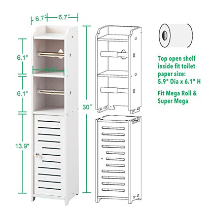 TUOXINEM Small Bathroom Storage with Dual Rods, Over The Toilet, Slim Toilet Paper Storage with 4 Tier Design, Fit Mega Roll (White) - size: 30 inches H (with 2 Rollers)