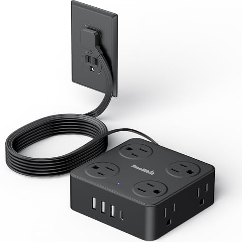 12 in 1 Power Strip Extension Cords with Multiple Outlets, 8 Outlets & 4 USB Ports Extension Cord, Flat Plug Compact Charging Station - color: Black, size: 6.5 Ft