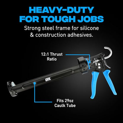 OX Pro 29oz Caulking Gun - Heavy Duty Steel Frame Large Caulk Gun 29 oz with 12:1 Thrust Ratio for Latex and Silicone - size: 29 oz