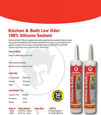 Red Devil 0836 Kitchen & Bath Low Odor Silicone Sealant, 10.1 Oz, White, Pack of 1 - color: White, size: 10.1 oz., style: 1 - Pack