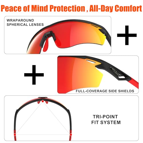 Polarized Sports Sunglasses for Men Women,Wrap Around Sun Glasses for Running Cycling Baseball Fishing Golf Hiking - color: Black Red