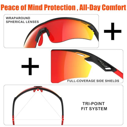 Polarized Sports Sunglasses for Men Women,Wrap Around Sun Glasses for Running Cycling Baseball Fishing Golf Hiking - color: Black Red
