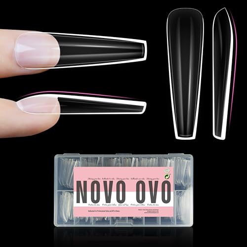 NOVO OVO Sculpted XXL Coffin Nail Tip for Curved Nail Beds, Extra Thick Long False Nails Press on, Full Cover Soft Gel Extension Fake Nail for Acrylic kit, Clear X 15 Sizes 300pcs - color: XXL Coffin Sculpted Thick