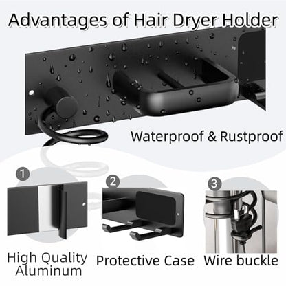 Hair Dryer Holder Wall Mounted Blow Dryer Holder Curling Iron Holder Straightener Holder 3 in 1 Bathroom Metal Hair Tool Organizer Rack（Matte Black） - color: Black