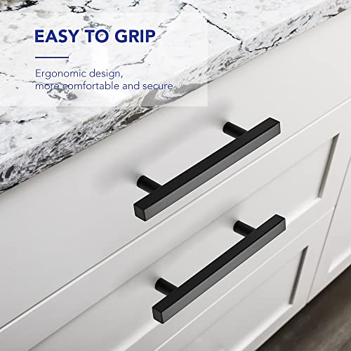 10 Pack Matte Black Cabinet Handles with 3-3/4 Inch (96 mm) Hole Center, Square Kitchen Hardware for Cabinets & Drawers, Stainless Steel Pulls, 6 Inch Overall Length - color: Matte Black Square T-Shaped, size: 3-3/4" Hole Center