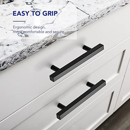 10 Pack Matte Black Cabinet Handles with 3-3/4 Inch (96 mm) Hole Center, Square Kitchen Hardware for Cabinets & Drawers, Stainless Steel Pulls, 6 Inch Overall Length - color: Matte Black Square T-Shaped, size: 3-3/4" Hole Center