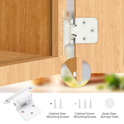 4 Pack (2 Pairs) White Cabinet Hinges for Kitchen Doors, Self-Closing, 1/2 Inch Overlay (Variable), Semi-Concealed Face Frame, Surface Mount Cabinet Hardware - color: White