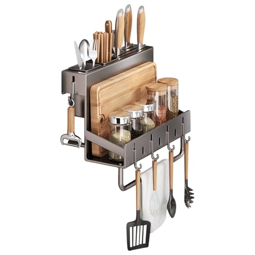 Multifunctional Wall-Mounted Knife Holder Kitchen Utensils Holder Spice Storage Organizer Rack for Knives, Spoons, Chopsticks, Towels, Pot Lids, Spice Jars (Grey) - color: Grey