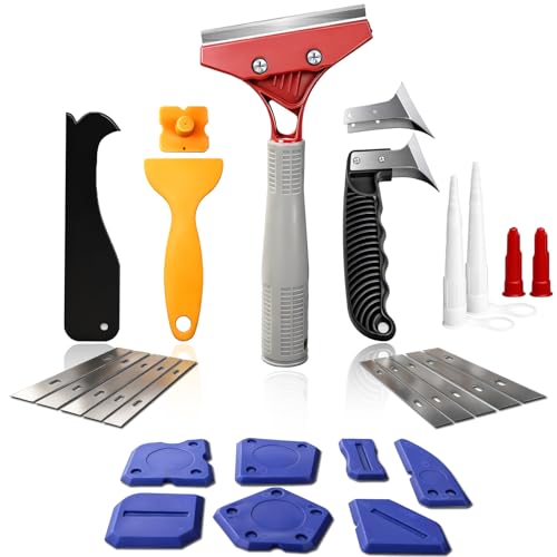 25 PCS Caulking Tool Kit, Caulk Remover, Grout Scraper & Sealant Finishing Tool - silicone caulking tool with Stainless Steel Scraper & 10 Replacement Blades for Bathroom, Kitchen, Tile, Shower, Sink