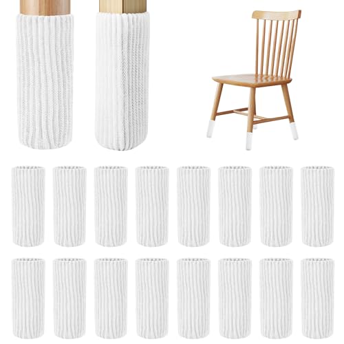 16 PCS White Furniture Leg Socks - Knitted Chair Leg Floor Protectors for Hardwood Floors - Fits Round and Square Legs - High Elastic Bar Stool Chair Leg Covers Furniture Caps Set for All Shapes - size: 16 Pcs White