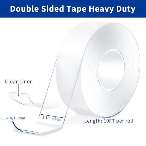 Nano Double Sided Heavy Duty Mounting Tape 2 Rolls, 20FT Total, 120 x 1.18 Inch, Removable Washable Reusable Adhesive Tape for Wall Hanging, Home Decor, Posters, Crafts, Classroom & Office - size: 20FT