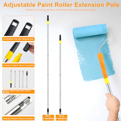 Leshein Paint Roller Kit with Extension Pole, Paint Brushes Set for Walls, Painting Supplies for Home Interior with Paint Brush, Paint Rollers, Paint Tray, Paint Tray Liner, Scraper etc.