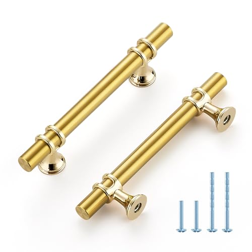 HOME EDIT Brushed Brass Cabinet Handles, 3-3/4 Inch Hole Center Modern T-Bar Drawer Pulls, Decorative Hardware for Cabinets, Dressers, and Drawers, 10 Pack - color: Brushed Brass, size: 3-3/4 Inch Hole Center
