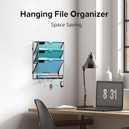 Wall File Organizer - Hanging File Organizer with 5 Hooks, Mail Holder Wall Mounted for Papers, Folders, Magazines, Bills, 4 Tier Office&School Organization, Black - size: 4 Tier-Black