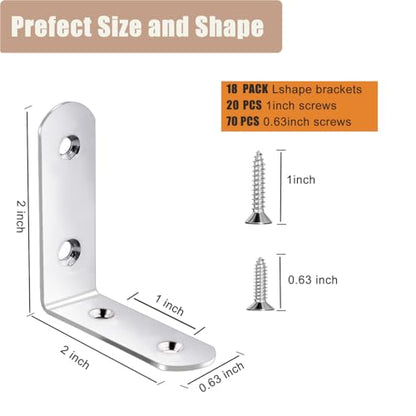 18-Pack L Shape Corner Brackets, Stainless Steel Metal Angle Braces for Wood Furniture, Heavy Duty Black 2 inch Shelf Bracket with Long Screws for Household Project (L Shape Silver) - style: 2inch L Shape Silver 18pcs