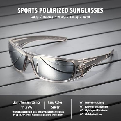 Polarized Sports Sunglasses for Men Women Unbreakable Frame Cycling Fishing Wrap Around Sunglasses UV400 Protection - color: 1-clear Gray Frame/Silver Mirror Lens