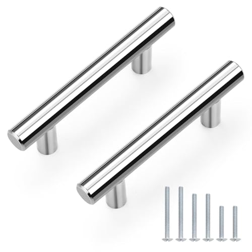 Probrico 5 Pack Hole Centers (64mm) 2-1/2inch Polished Chrome Kitchen Cabinet Handles Stainless Steel Polished Chrome Cabinet Pulls Euro Style Pull Handle for Cabinets and Drawers Total Length 4inch - color: Polished Chrome, size: Hole Centers: 2-1/2"