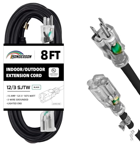 Indoor Outdoor Extension Cord Weatherproof with Lighted End, UL Certified, 12 Gauge 8FT Black 3 Prong Heavy Duty, 12/3 SJTW 15A Power Cord for Outdoor Lights, Lawn - size: 8ft, style: 12/3