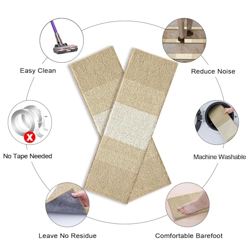 OLANLY Stair Treads Non Slip 15PCS, 8" x 30" Indoor Stair Runners for Wooden Steps, Edging Stair Rugs with Reusable Peel and Stick Adhesive for Kids Elders and Pets, Beige - color: Beige
