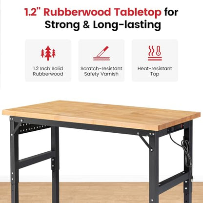ENJOYWOOD 60" x 22" Heavy Duty Workbench with Wheels, Adjustable Height Garage Work Table with Solid Rubberwood Top, Pegboard & Power Outlets for Workshop, Home & Office - size: Large