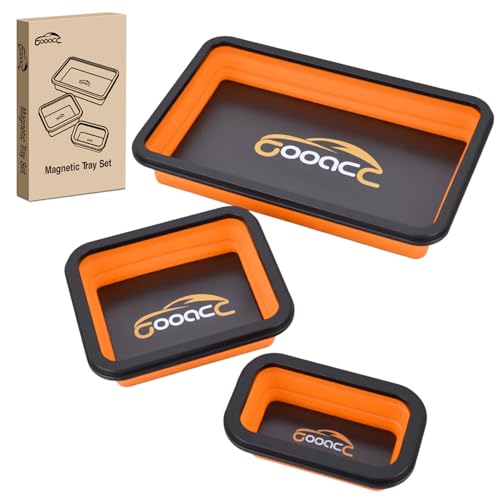 GOOACC 3 Sizes Collapsible Magnetic Parts Tray Set Orange Silicone Foldable Tool Trays Organizer for Screws Bolts Nuts Pins Washers and Other Small Metal Parts Double Sided Magnet Base - color: Orange