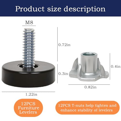 12 PCS M8 Thread Furniture Feet Levelers,Furniture Leveling Feet with T-Nuts - color: Black 12 Pack, size: M8 With T Nut