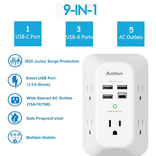 Addtam 5-Outlet Extender Surge Protector, Multi Plug Wall Outlet with 4 USB Wall Charger(1 USB C Ports), Outlet Splitter Power Strip for Home Office Dorm Room Essentials, Plug Extension Outlet 1800J - size: 1c3a