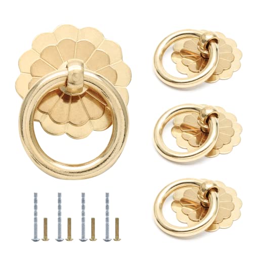 Waziaqoc 4PCS Antique Brass Ring Pulls, Gold Vintage Cabinet Small Ring Pulls Handle, Flower Shape Decorative Pulls Knobs for Drawer Closet Cupboard